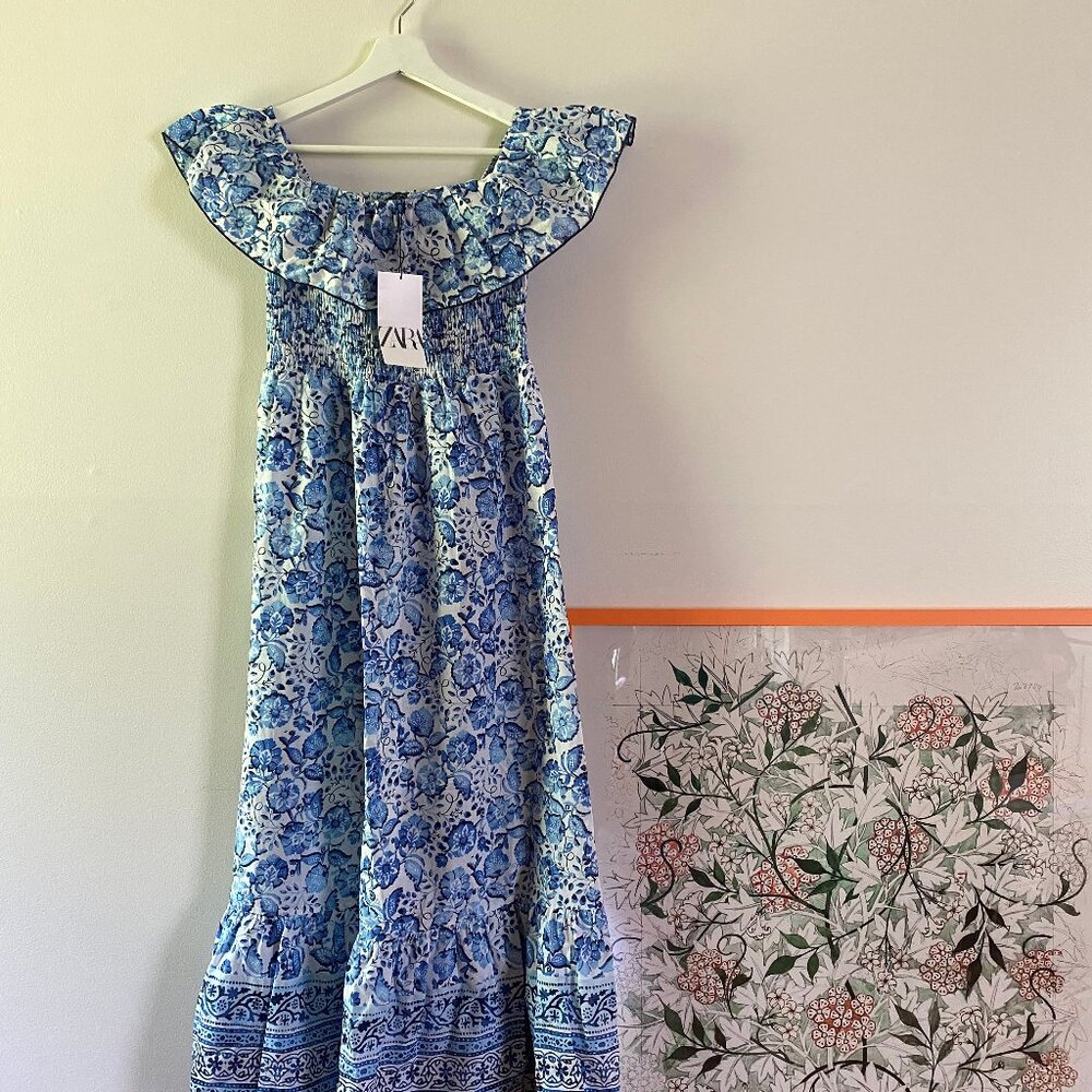 Zara Off The Shoulder Midi Dress, Size M, Blue Floral. NWT.